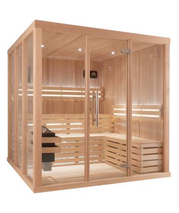 Sauna Finlandais 3030-C, verre clair, murs Hemlock, bancs et habillage Abachi