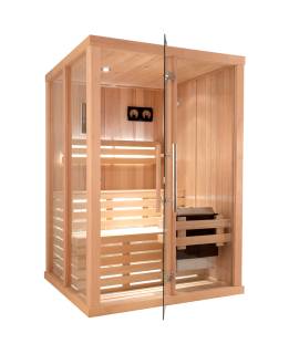 Sauna Finlandais 2020-C, verre clair, murs Hemlock, bancs et habillage Abachi