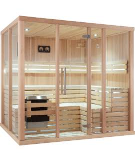 Sauna Finlandais 2035-C, verre clair, murs Hemlock, bancs et habillage Abachi