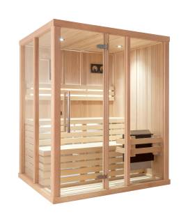 Sauna Finlandais 2025-C, verre clair, murs Hemlock, bancs et habillage Abachi