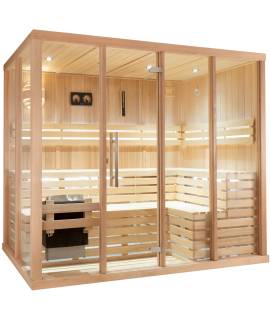 Sauna Finlandais 2040-C, verre clair, murs Hemlock, bancs et habillage Abachi