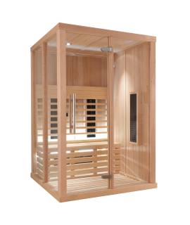 Sauna Infrarouge 2020-C, verre clair, murs Hemlock, bancs et habillage Abachi