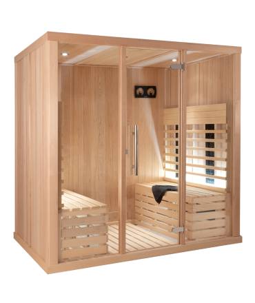 Sauna Infrarouge 2030P-B, verre clair, murs Hemlock, bancs et habillage Abachi