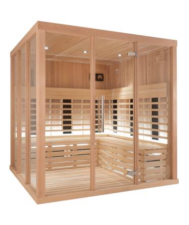 Sauna Infrarouge 3030-C, verre clair, murs Hemlock, bancs et habillage Abachi