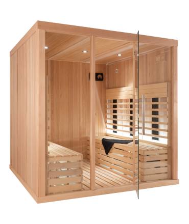 Sauna Infrarouge 3030P-B, verre clair, murs Hemlock, bancs et habillage Abachi