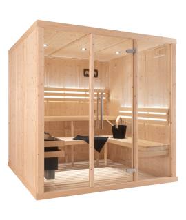 Sauna Finlandais 3030-B, verre clair, murs Epicéa, bancs Abachi