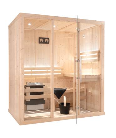 Sauna Finlandais 1530-B, verre clair, murs Epicéa, bancs Abachi