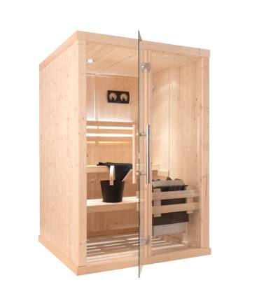 Sauna Finlandais 2020-B, verre clair, murs Epicéa, bancs Abachi