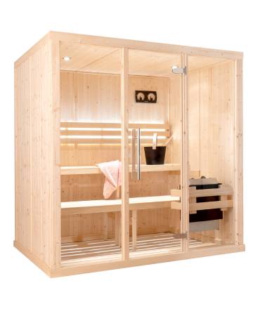 Sauna Finlandais 2030-B, verre clair, murs Epicéa, bancs Abachi