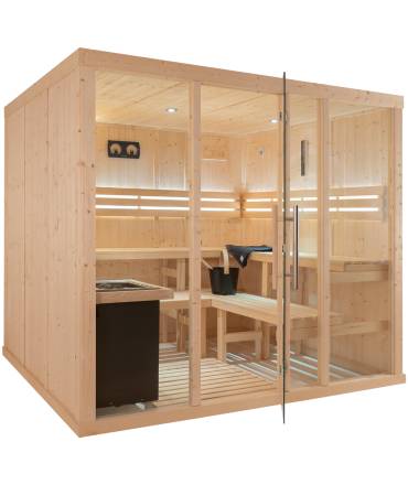 Sauna Finlandais 3035-B, verre clair, murs Epicéa, bancs Abachi, poêle sur pieds